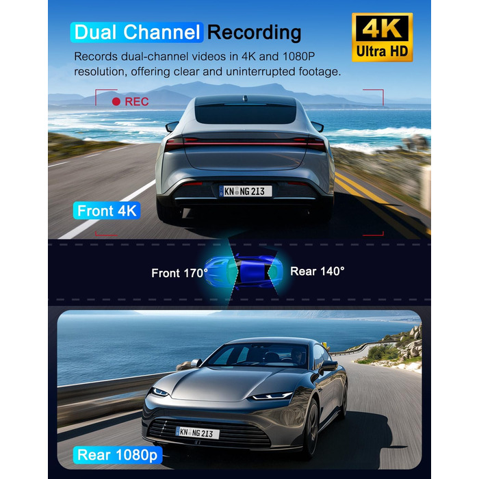 Відеореєстратор у машину 4K Dual Dashcam з CPL фільтром, 360°, WiFi, IPS, Нічне бачення, G-сенсор, Паркувальний режим, 64GB SD карта