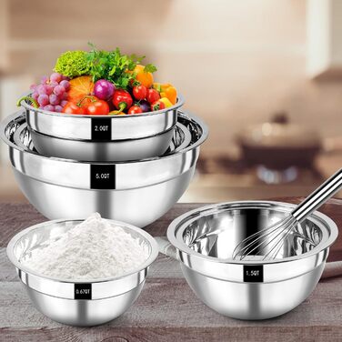 Wildone Mixing Bowl Set, 7-Piece Stainless Steel Bowl Set with Airtight Lids, Stackable, Dishwasher Safe, Sizes 5, 3.5, 2.5, 2, 1.5, 1, 0.67 QT, ideal for mixing and serving