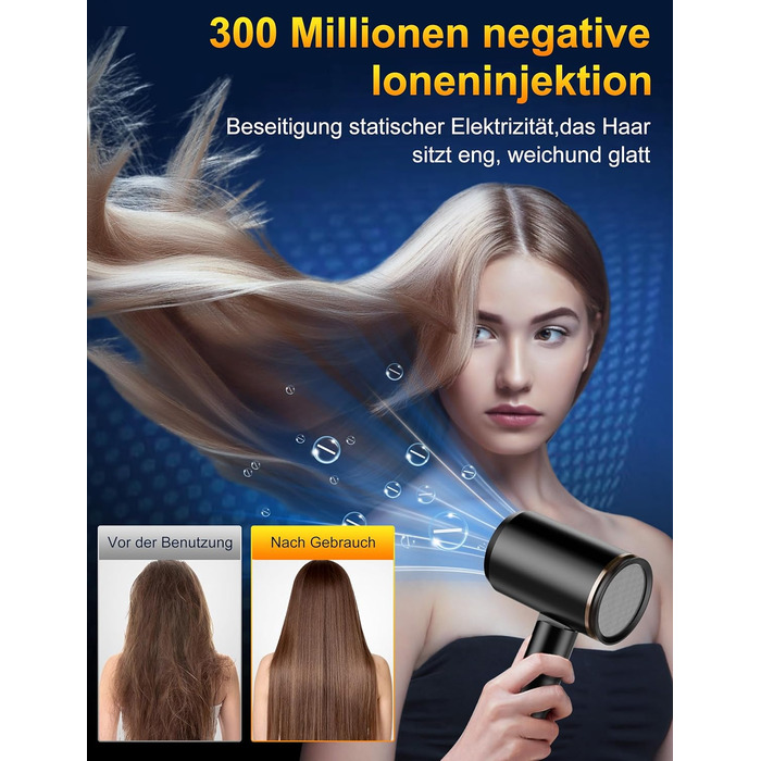 Професійний фен 2400W з іонізацією та складним механізмом, для швидкого сушіння, з насадкою-дифузором та сумкою, чорний