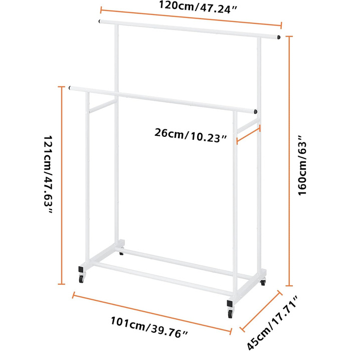 Clothes Rack with Double Rod, Rolling Clothes Rack, Portable Clothes Rack for Bedroom, Living Room, Clothing Store, (White)