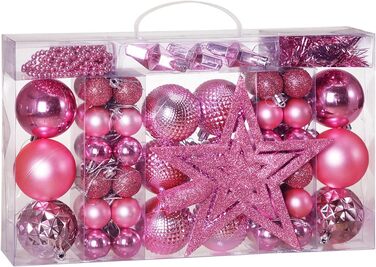 DEUBA® Новорічні кулі 66 шт. Ø 3-6 см, пластик, матові/глянцеві, прикраси для ялинки, новорічний декор (Рожевий)