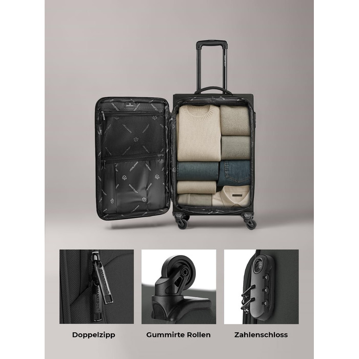 Набір валіз SMARTBOX 3 шт. для жінок та чоловіків | Легкі та міцні валізи-ролери, якісний softcase, 4 колеса та кодовий замок | Розширювані валізи (Чорний колір, валіза M (67 см))