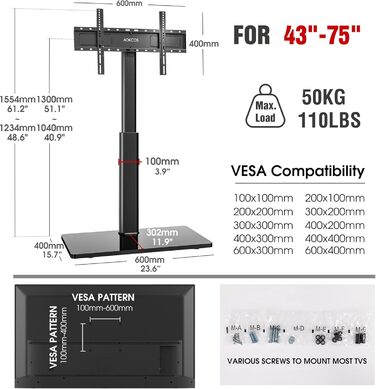 Регульований підлоговий кріплення для телевізора 100-190 см (43-75 дюймів), чорний