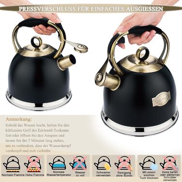 Чайник-свисток 3L з нержавіючої сталі, з термостійкою ручкою, для індукційних плит, чорний