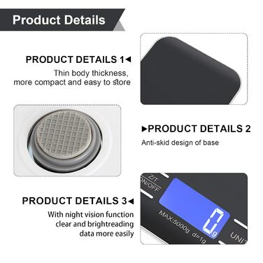 Цифрова кухонна вага, 10 кг/1 г, USB, акумулятор, LCD дисплей, функція тарування, професійна, металевий корпус (білий/чорний)