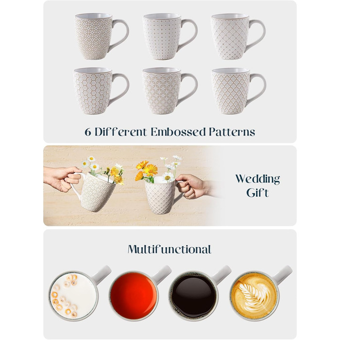 DOWAN Coffee Mug Set, 6 x 560 ml Porcelain Coffee Cups, Large Mugs with Embossed Pattern in Country House Style for Coffee, Milk, Tea & Hot Chocolate, Reactive White Mug Set