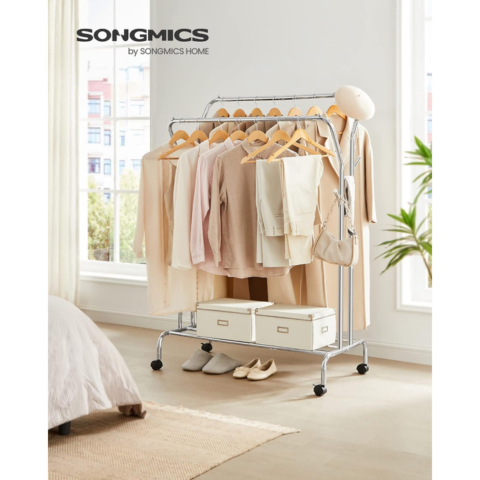 Стійка для одягу SONGMICS на колесах, 2 перекладини, срібна, до 100 кг, 103,5 см