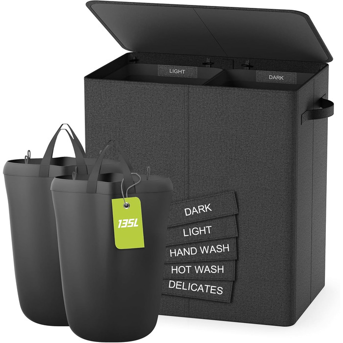 Laundry Basket with Lid, 135L Extra Large Laundry Basket with 2 Compartments, Dirty Clothes Hampers for Laundry, Laundry Collector with 2 Divided Compartments, Laundry Basket Organizer for Bedroom, Dark Gray