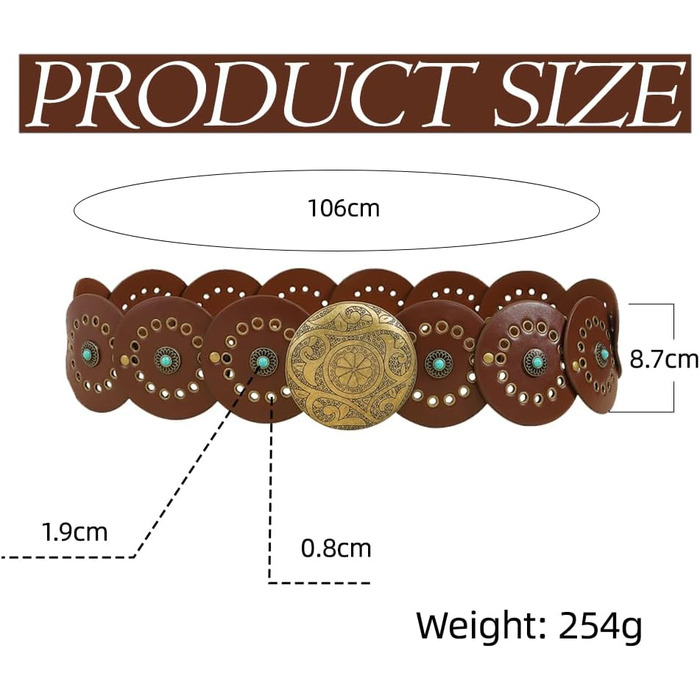 Жіночий ремінь TOFBS в стилі бохо, турецький, широкий, металевий, з круглою пряжкою, для джинсів та суконь, коричневий