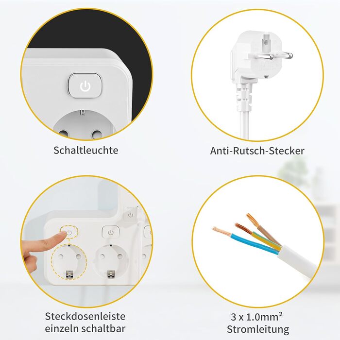 Багатофункціональна мережа розгалужувач з USB та вимикачем, 5 розеток, 2м кабель, кутова розетка, чорний колір, для кухні, з індивідуальним вимикачем, для столу, настінний монтаж