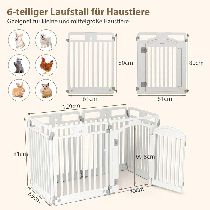 Льоток для цуценят COSTWAY з 6 панелей, білий, 80 см, для дому та вулиці