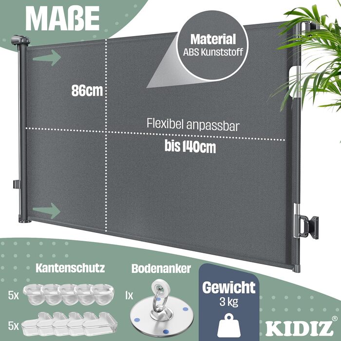 Захист для сходів KIDIZ®: розтягуваний захист для дітей та домашніх тварин | Сітка для сходів та дверей | Захисний бар'єр з анкерами та аксесуарами для монтажу (0-140 см, антрацит)