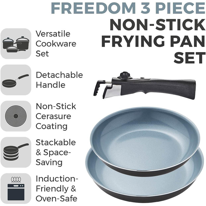 Набір посуду Tower Freedom T800203/T800202: 3 шт., керамічне покриття, знімний ручка, графіт, алюміній, сірий (24 та 28 см)