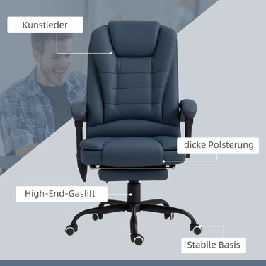Vinsetto Massage Office Chair with 7 Vibration Points, Adjustable Footrest & Backrest, Up to 120 kg (265 lbs), Faux Leather, Blue