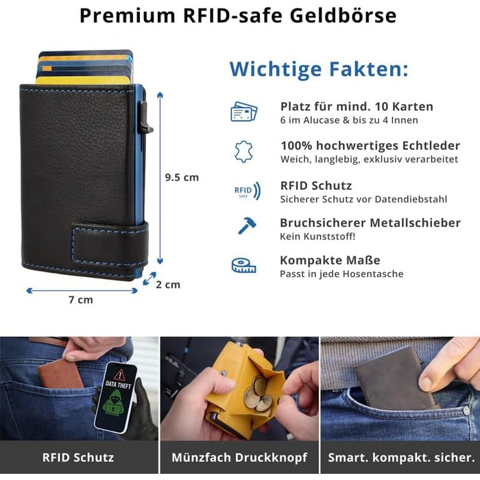 Шкіряний картхолдер SecWal з монетницею та RFID захистом, міні-гаманець з кнопкою в подарунковій коробці, чорно-синій (Made in Germany)