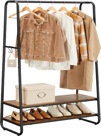 VASAGLE Clothes Rack, Coat Rack, Coat Stand, with 2 Shelves, 6 S-Shaped Hooks, Steel Frame, for Bedroom, Hallway, Entrance Area, Vintage Brown-Black RGR112B01