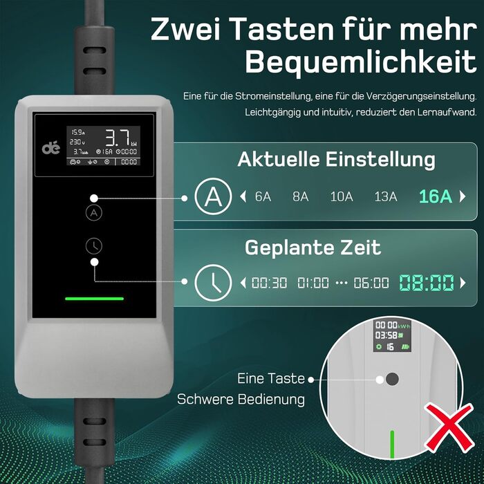 Кабель зарядки для електромобіля тип 2 Schuko 3,7kW (6-16A, 1-фазний) з LCD дисплеєм, 7м, для ID.3/4/5/7, Model Y/3, ENYAQ та інших PHEV/EV