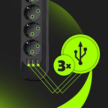 Мережева стрічка Retoo з 3 USB, 5 розеток, вимикачем та 5м кабелем, захист від перенапруги 2500W/10A, з вилками, для смартфонів, ноутбуків, дому, кухні