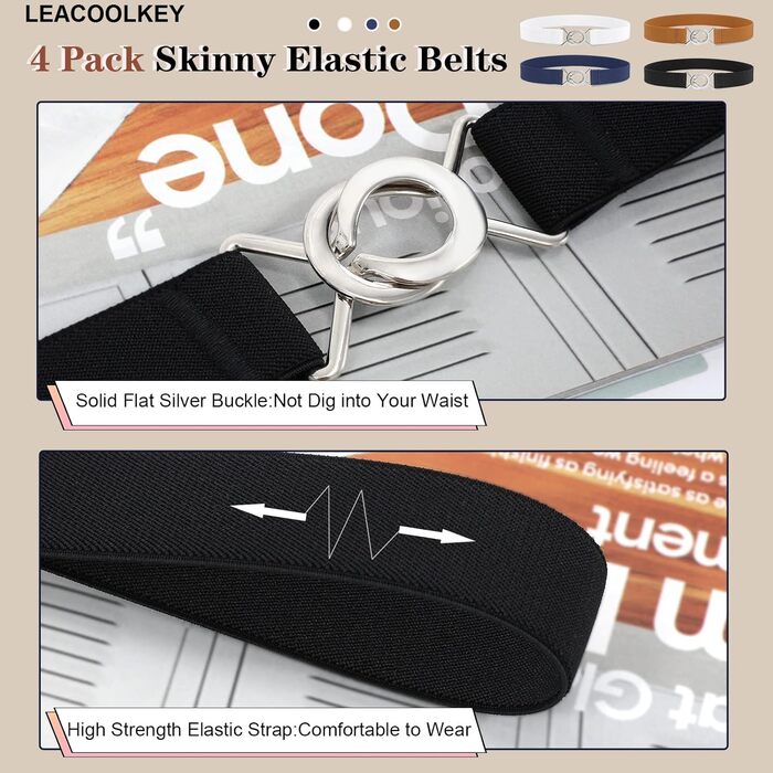 Еластичний ремінь LeaCoolKey для жінок та чоловіків, тонкий, стрейч, для джинсів та суконь, чорний, коричневий, білий, блакитний (80 см), розмір талії 76-90 см