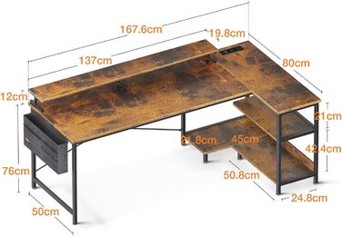 ODK L-Shaped Desk, Corner Desk with USB Charging Port & Socket, Gaming L-Shaped Desk with Shelf Reversible, L-Shaped Computer Desk with Monitor Stand for Office (Black, 168x80cm) 168x80cm Black