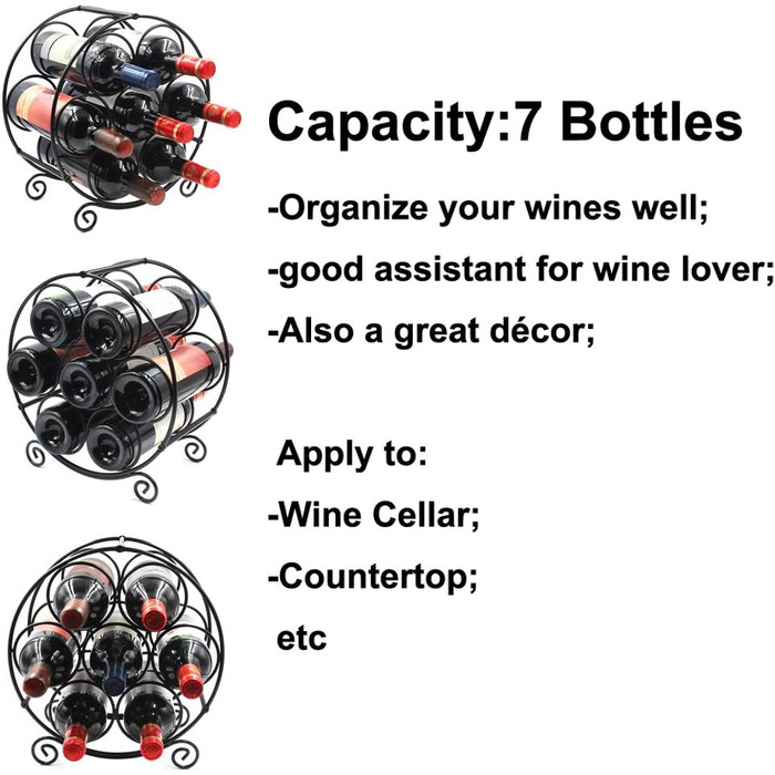 PAG Wine Rack Metal Freestanding Floor Bottle Rack, Decorative Bottle Holder Stand for Kitchen/Floor/Bar, (Black, 7 Bottle)