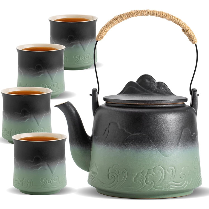 ZENS Design Japanese Teapot, 1000ml Gradient Embossed Japanese Teapot Ceramic with Built-in Strainer and Hemp Rope Handle for Loose Tea Steeper, Gift for Tea Lovers, Black & Bean Green (Black & Bean Green, 1000ml Teapot & 4 of 200ml Cups)