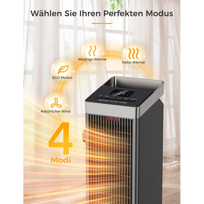Електричний обігрівач QEXREED 2000W з PTC термостатом, 4 режими, таймер 24 год, дистанційне керування, захист від перегріву та перекидання, для дому та офісу