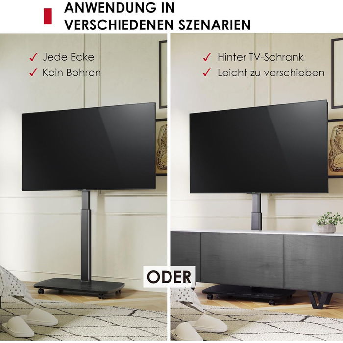 AOKCOS Rolling TV Stand with Shelf - Adjustable Height & Swivel - Fits 43-75 inch TVs (up to 50kg) - VESA 600x400mm - White & Natural Wood Finish