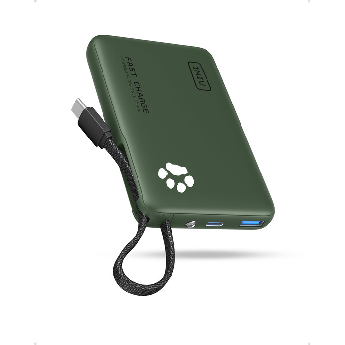 Повербанк INIU 10000mAh 45W з вбудованим кабелем USB-C, швидка зарядка, компактний зовнішній акумулятор для iPhone 17 16 Pro, Samsung S26 S25, Xiaomi, iPad, бежевий
