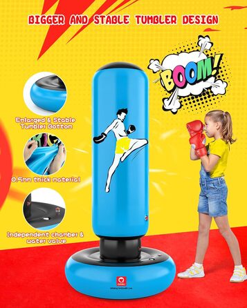 Дитячий боксерський мішок QPAU з рукавичками, надувний, 168 см, для хлопчиків та дівчаток 6-12 років, блакитний