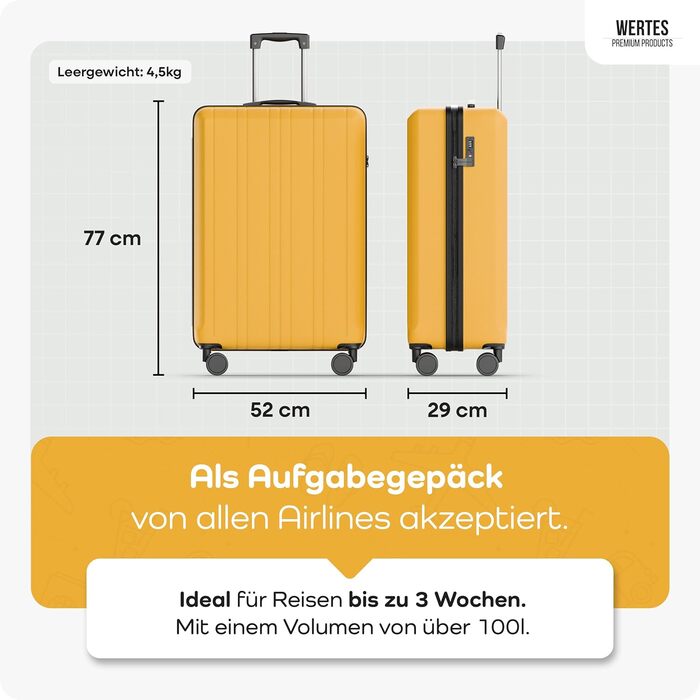 Чемодан великий 100L з TSA замком, жорсткий корпус, подвійні колеса, валіза на колесах (77см, гірчичний)