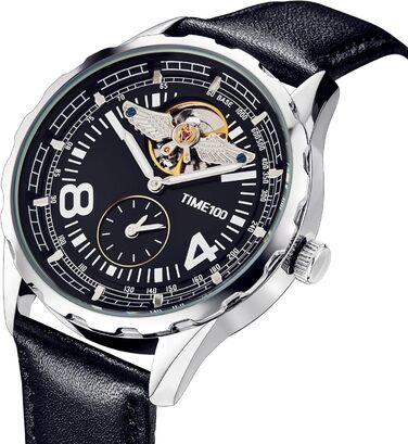 TIME100 Автоматичний годинник для чоловіків: водонепроникний, зі світлодіодами, серія Pilot, Angel Wing, бізнес-стиль, механічний годинник з шкіряним/силіконовим ремінцем, скелетний дизайн (чорний/сріблястий)