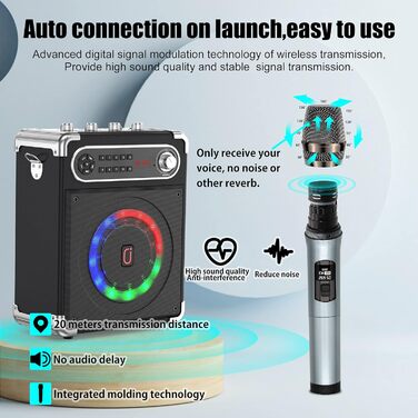 Караоке машина JYX з 2 бездротовими мікрофонами, Bluetooth, RGB-підсвічування, для дому та вечірок