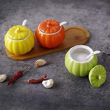 YBK Tech Cute Pumpkin Candy Jar Ceramic Sugar Bowl for Coffee Tasting (3 Pieces + Wooden Holder)