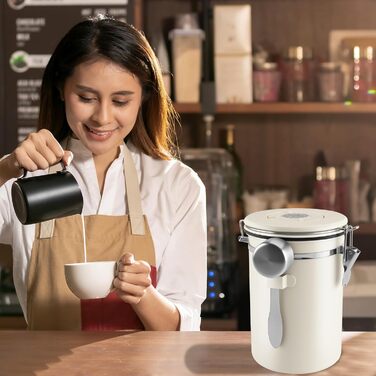 Герметичний контейнер для кави 1.8L з нержавіючої сталі 304 з датою розкриття та мірною ложкою для кави, зерен, чаю, борошна, зерна та цукру (білий)