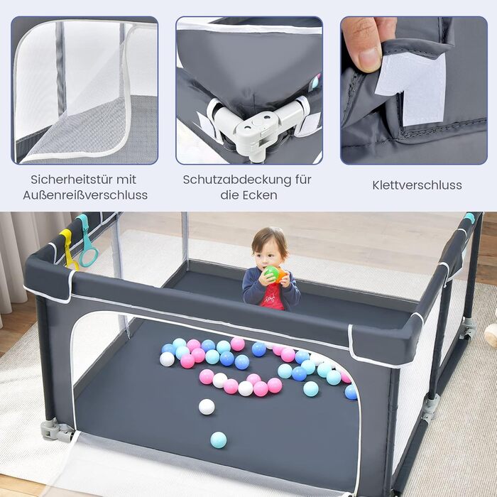 COSTWAY 124 x 124cm Baby Playpen, Foldable, Portable Playard with 50 Balls, 4 Grips, Locking Function, Crawling Gate with Net Walls & Door, Playpen Tent for Infants & Children (Dark Grey)