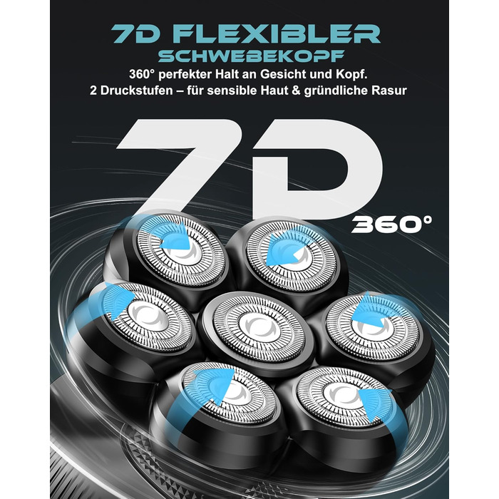Машинка для гоління голови Glatzen Herren 7D, водонепроникна, для сухого та вологого гоління, з LED дисплеєм, Type-C, чорна