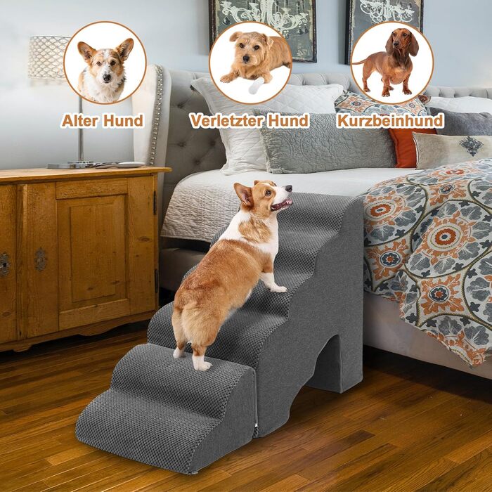 Східці для собак A.FATI 60 см: 6 ступенів, для ліжка, Boxspring, неслизькі, для маленьких/поранених собак та котів, темно-сірий