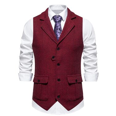 Чоловіча жилетка формальна V-подібний виріз, твід, жилетка в клітинку 'риб'ячий скелет', Slim Fit, жилетка до костюма з кишенею, бордовий