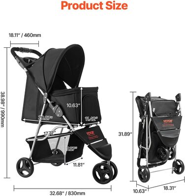 VEVOR 3-Wheel Pet Stroller - Dog & Cat Buggy, 16kg Capacity, Foldable with Cup Holders & Brakes