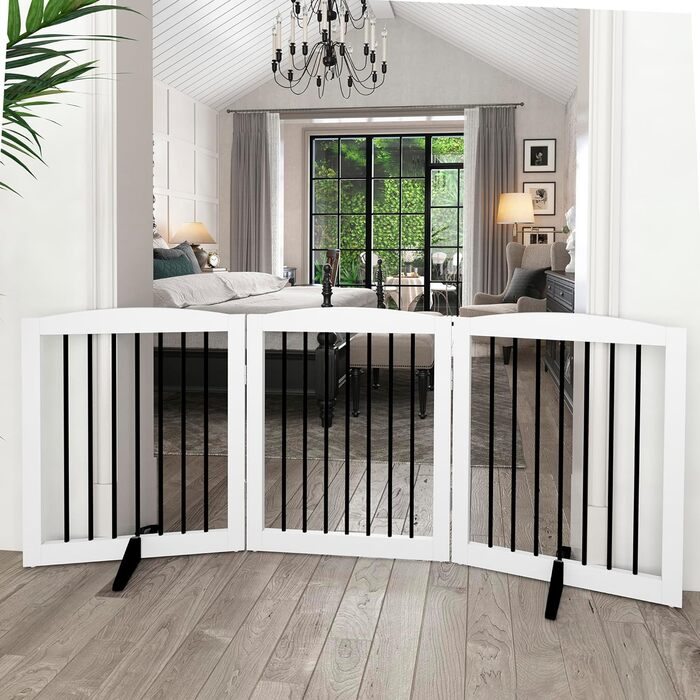 Захисний бар'єр для собак, сітка-перегородка для дому без свердління, металева та дерев'яна, складна, біла, 4 панелі