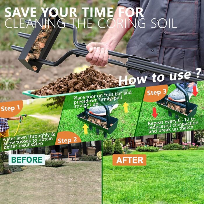 EEIEER Lawn Aerator, Aerifier for Lawn Hollow Spoon with Storage Tray and Garden Tools, T-Handle Lawn Aerator Verticutierer Heavy Duty Lawn Scarifier Lawn Aeration for Compacted Soils Lawn Care