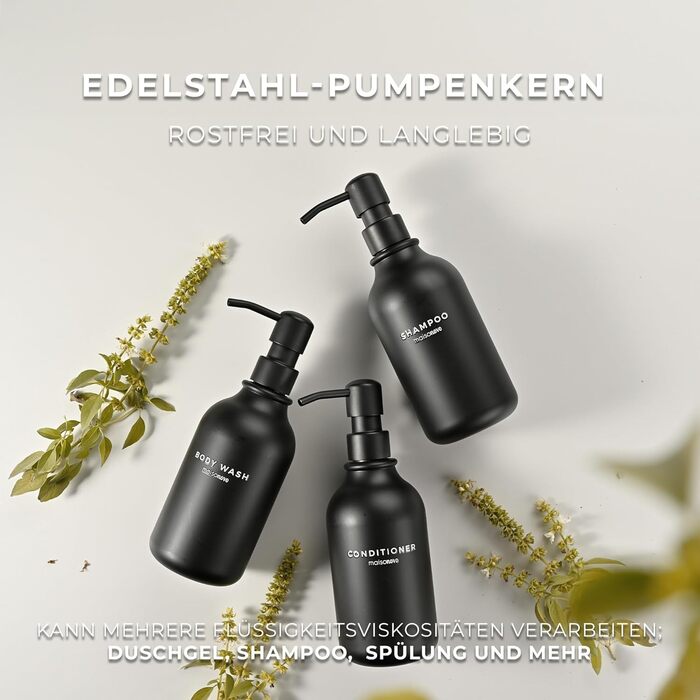 Шампунь MaisoNovo: Набір з 3 флаконів (500 мл) для самостійного наповнення, дозатор з чорним насосом, настінний кріплення, прозорий колір