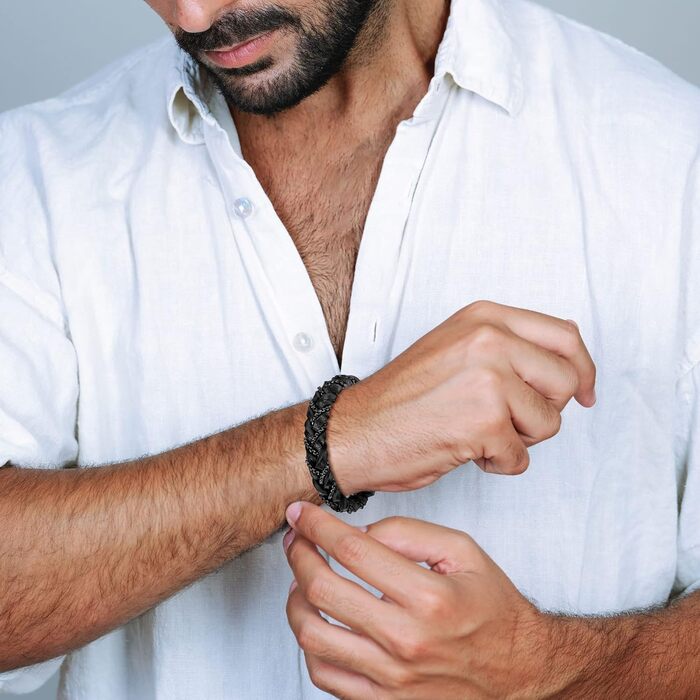 Чоловічий шкіряний браслет преміум-класу, чорний та коричневий, з нержавіючою сталевою застібкою-магнітом, 22 см