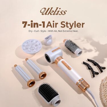 Іонський фен-щітка UKLISS Airstyler 7-в-1: 7 насадок, локони, укладка, сушка, для жінок (білий)