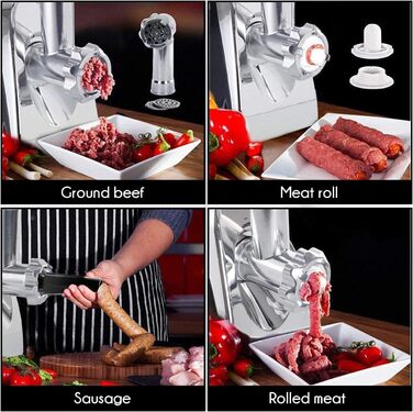 М'ясорубка електрична Edihome з насадкою для ковбас, багатофункціональна, 3 диски для подрібнення (чорно-біла)