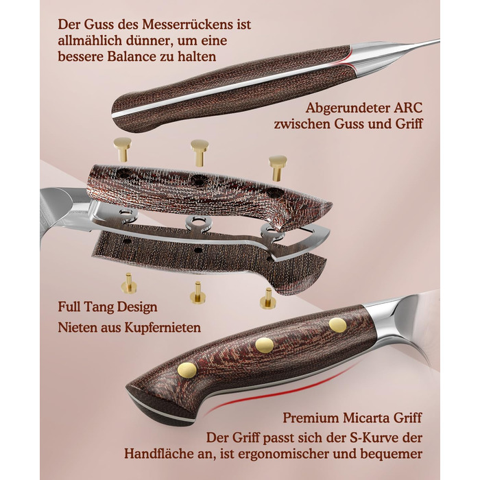 HEZHEN ніж кухарський 21 см дамаст 67 шарів, професійний ніж для кухні з дерев'яною піхвою, full tang ручка з Micarta