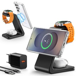 Магнітна зарядка 3-в-1 для Samsung Galaxy: швидка бездротова зарядка Mag-Safe для S25 Ultra/S24/S23, Z Fold/Flip, Galaxy Watch Ultra/7/6 та Galaxy Buds Pro (чорний)