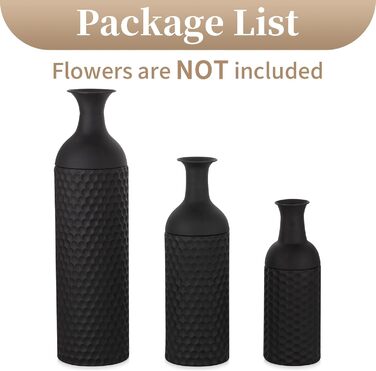 Vintage Black Tall Floor Vase Set of 3 - 68/51/41cm Metal Honeycomb Texture Matte Decorative Vase for Living Room, Dining Room, Bedroom, Office & Home Décor
