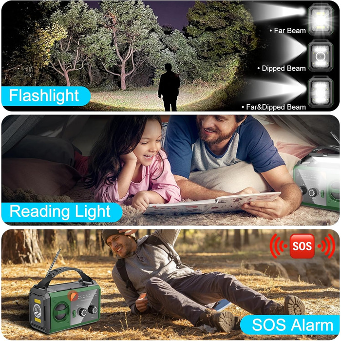 Радіо Kurbelradio на 27000mAh з Bluetooth, сонячне радіо з живленням від ручки, AM/FM, портативне, для надзвичайних ситуацій, з ліхтариком, зарядкою для мобільного телефону, для кемпінгу та активного відпочинку, чорний, зелений